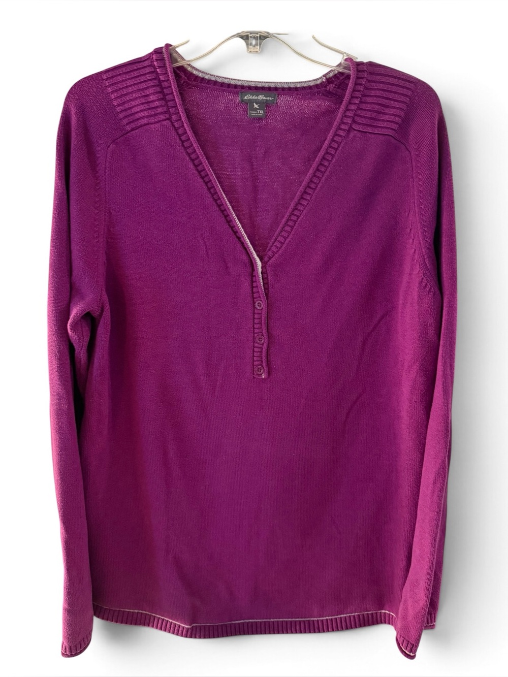 Eddie Bauer Tall Extra Large TXL Magenta Purple Button Henley Sweater